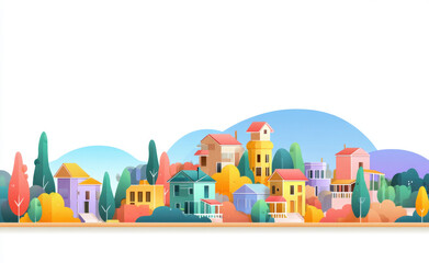 Colorful town illustration featuring vibrant houses, trees, and hills, creating cheerful and inviting atmosphere. scene showcases variety of architectural styles and colors, enhancing lively