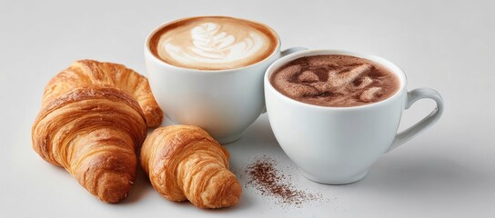 Two cups of coffee and croissants