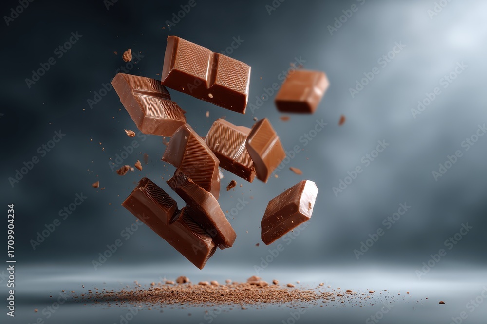 Poster floating milk chocolate pieces in mid-air against a soft gray backdrop create a captivating visual o