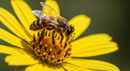 Honeybee gathering pollen on a bright yellow flower.