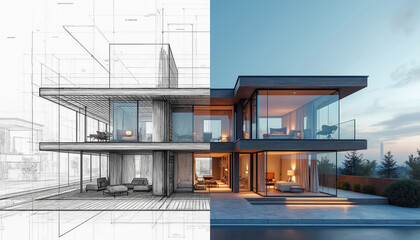 Split image shows architectural design evolution from blueprint sketch to modern reality. Left side displays detailed building plans, right side luxurious contemporary house with glass facades,