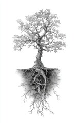 Detailed grayscale illustration of a tree, encompassing its visible root system.  The tree's crown is full and intricate, with various branches extending outwards.  