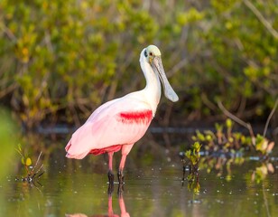 Pink bird wading in shallow water, vibrant plumage