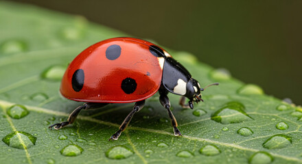 A close-up macro photograph of a red ladybug with black spots resting on a vibrant green leaf covered in water droplets.