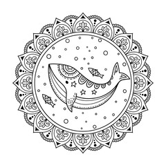 Funny Cartoon children's coloring. Whale with fish in the sea under the water among the bubbles. Scandinavian style children's drawing.
