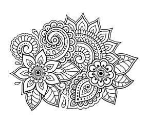 Mehndi flower pattern for Henna drawing and tattoo. Decoration in ethnic oriental, Indian style. Doodle ornament. Outline hand draw vector illustration.