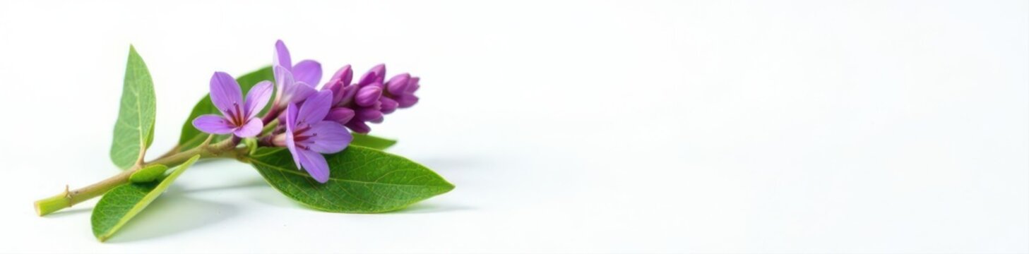 Single patchouli sprig, vibrant purple flowers, fresh green leaves, white background, botanical, vibrant, plant
