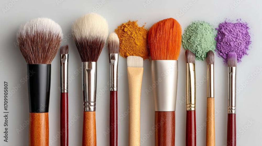 Aufkleber row of makeup brushes with a variety of colors and textures. concept of creativity and self-expressi