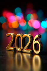 vertically three-dimensional golden numbers 2026, a dark background with a multi-colored bokeh effect
