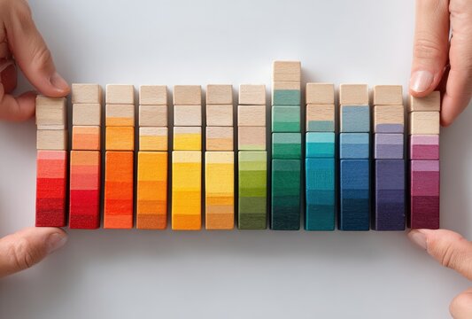 Hands holding colorful wooden blocks forming a bar graph