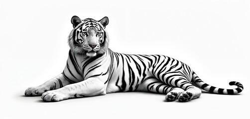 Fototapeta premium Monochrome pencil sketch illustration of majestic white tiger resting peacefully. Powerful predator with striking black stripes displays elegant grace. Realistic portrait of endangered big cat,
