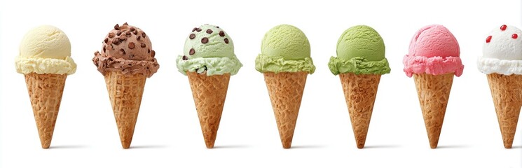 Assorted ice cream scoops in waffle cones (12)