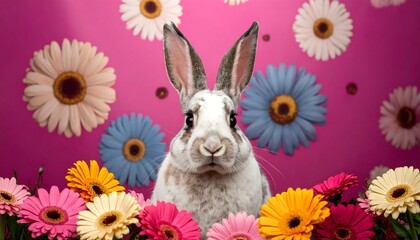 Rabbit surrounded by colorful flowers on pink
