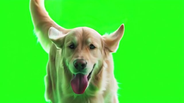 Joyful golden retriever bounding forward, ready for adventure&nbsp;against a vibrant green screen background