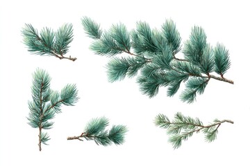 Set of stylized pine branches, teal-green hues
