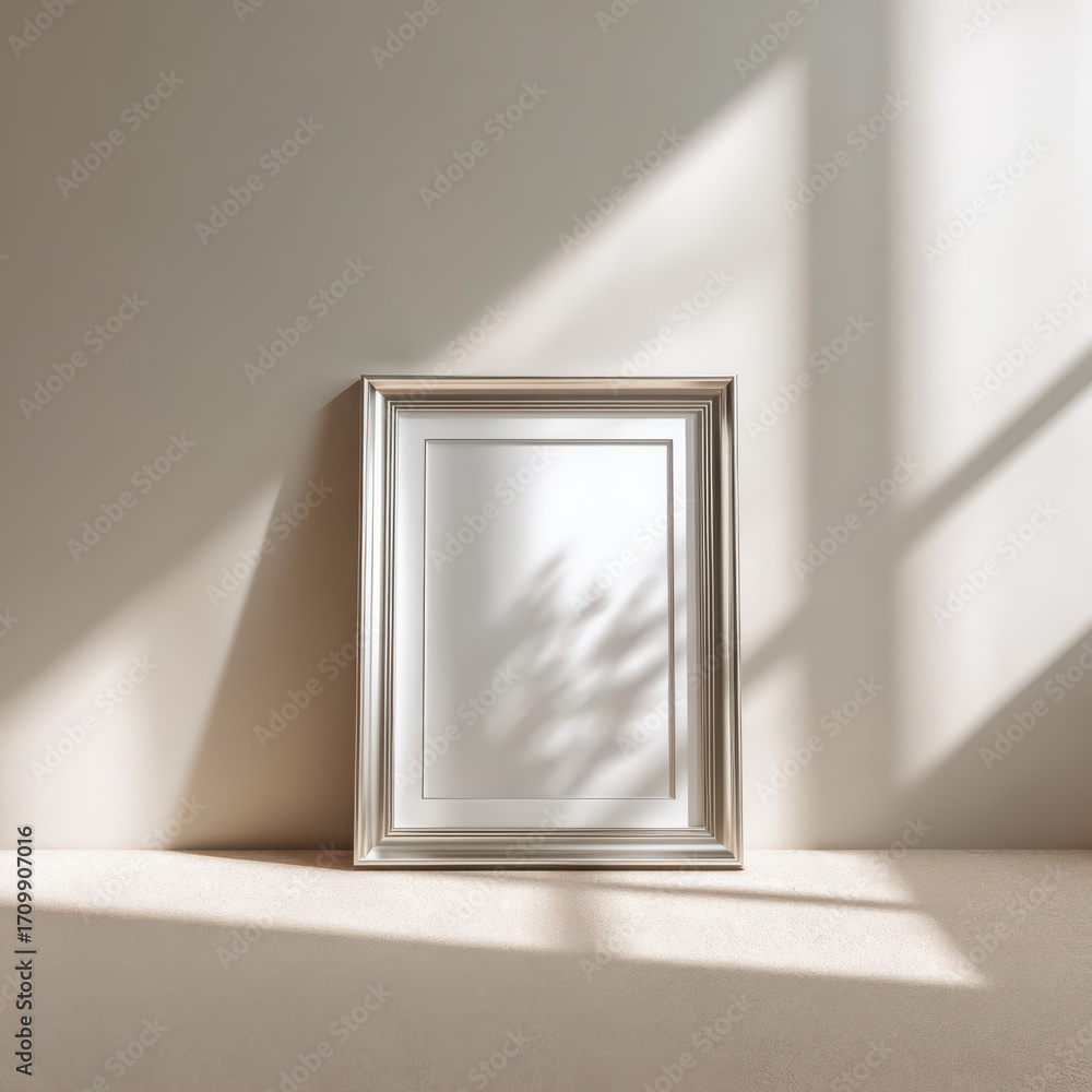 Poster artistic mockup: minimalist scene showcasing a blank picture frame, the frame casting a soft shadow.