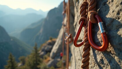 Rope and carabiners attached to rock face. Scenic mountain landscape in background. Essential safety gear for climbing, mountaineering, outdoor adventures. Extreme sport equipment.