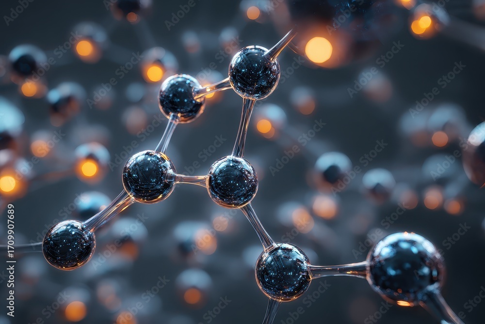 Poster exploration of molecular nanotechnology structures highlighting abstract atom connections and intera