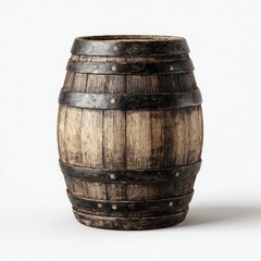 Obraz premium Aged wooden barrel, round, dark brown, rustic. Iron bands. Front view