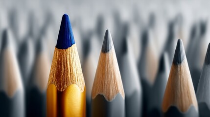 Close up of a pencil with a blue tip and a gold tip. The pencils are lined up in a row, with the blue and gold pencils standing out as the center of attention