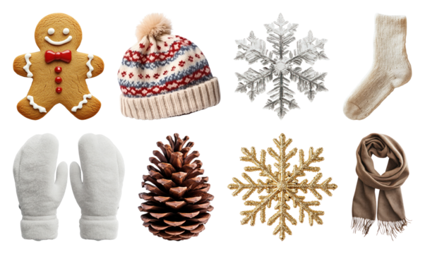 PNG Winter-themed cozy holiday elements, element set on transparent background