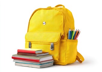 Bright yellow school backpack with books and colored pencils