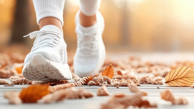 Person walks. White shoes on path with fall leaves. Focus on footwear. Autumn scene for health and fitness related activities.