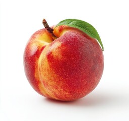 Fresh peach, vibrant red and yellow tones, isolated on white.  A single, ripe peach,  with a vibrant red skin featuring subtle yellow and orange hues, sits against a plain white background.  
