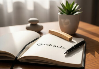 Open gratitude journal with pen and potted plant on wooden desk