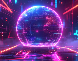 Fototapeta premium A vibrant and futuristic digital globe illuminated with neon lights, representing global connectivity and technology 