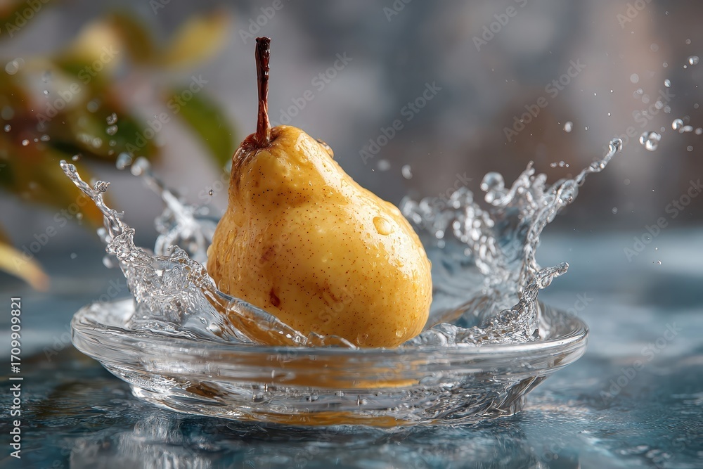 Poster yellow pear splashes into clear water creating ripples and droplets in a vibrant and dynamic setting