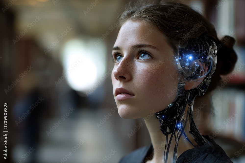 Poster innovative fusion of technology and education showcasing a young girl with a robotic head in a libra