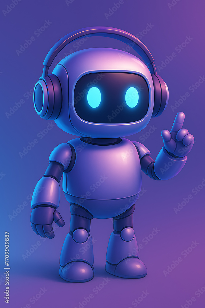 Poster a cute 3d robot with headphones is standing and pointing a finger up representing a friendly and sma