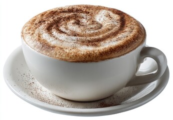 Creamy cappuccino in a white cup and saucer.  Aromatic, frothy, and rich coffee drink, topped with swirled cocoa powder