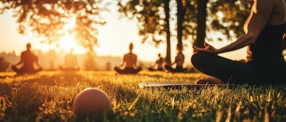 Group does fitness workout meditation poses at sunrise light on grass outdoors, promoting health and fitness in nature environment.