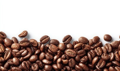 Fototapeta premium Roasted coffee beans scattered, horizontal, white background