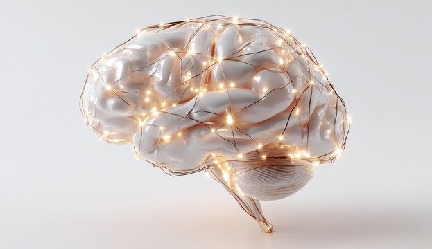 3D model of a human brain, illuminated with warm lights.  Connection lines highlight neural pathways.  Light beige/cream color.  Clean, minimalist background - Powered by Adobe
