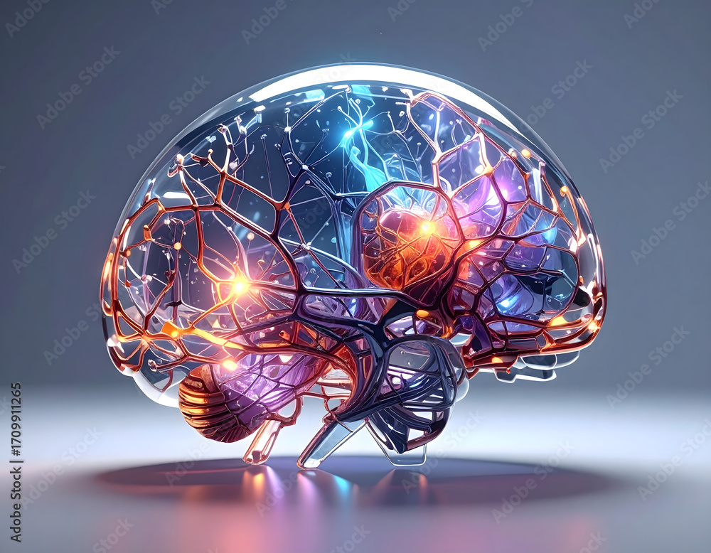 Poster an artistic and conceptual representation of a brain, illuminated with a network of interconnected n