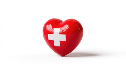 A glossy red heart-shaped object, centered on a white background, displays a white cross