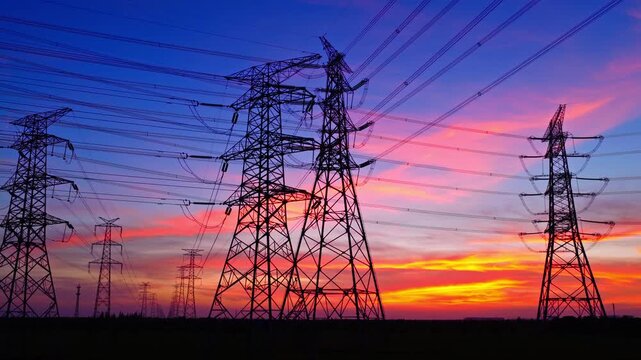 Silhouettes of high voltage electricity pylons and transmission lines against a dramatic sky at sunset