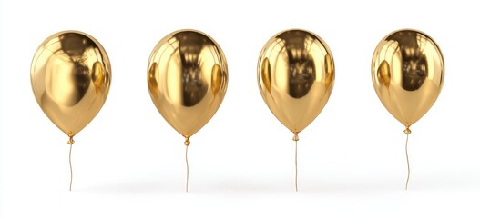 Four glossy gold balloons on white background