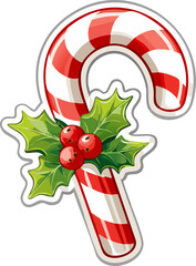A classic cartoon style vector sticker of a red and white striped candy cane, with a shiny, glossy finish and a small green holly sprig with red berries tied to it with a ribbon, isolated on a transpa