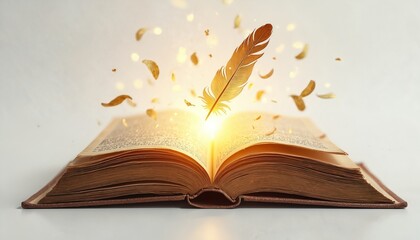 Open book radiates magical golden light with floating feathers. Ancient tome glows with mystic energy. Knowledge, wisdom, fantasy themes. Perfect for stories about magic, learning, imagination.
