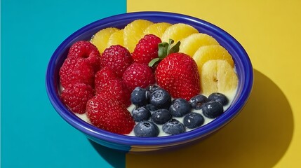 Bowl of fruit with blue and yellow background. The bowl is filled with blueberries, strawberries, and bananas