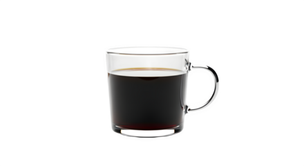Glass mug of black coffee isolated on transparent background, ready to drink now