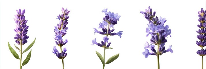 Four sprigs of lavender blossoms against a white background