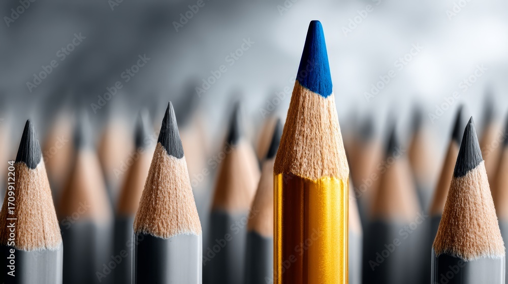 Poster pencil with a blue tip is placed in the middle of a row of pencils. the pencils are all different co