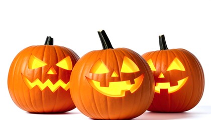 Trio of Illuminated Jack-o'-lanterns: Festive Halloween Pumpkins with Varying Expressions