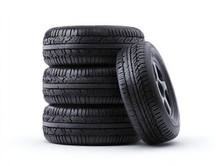 Stack of black tires on white background