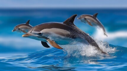 Fototapeta premium Three dolphins are jumping out of the water. Concept of freedom and joy as the dolphins play in the ocean